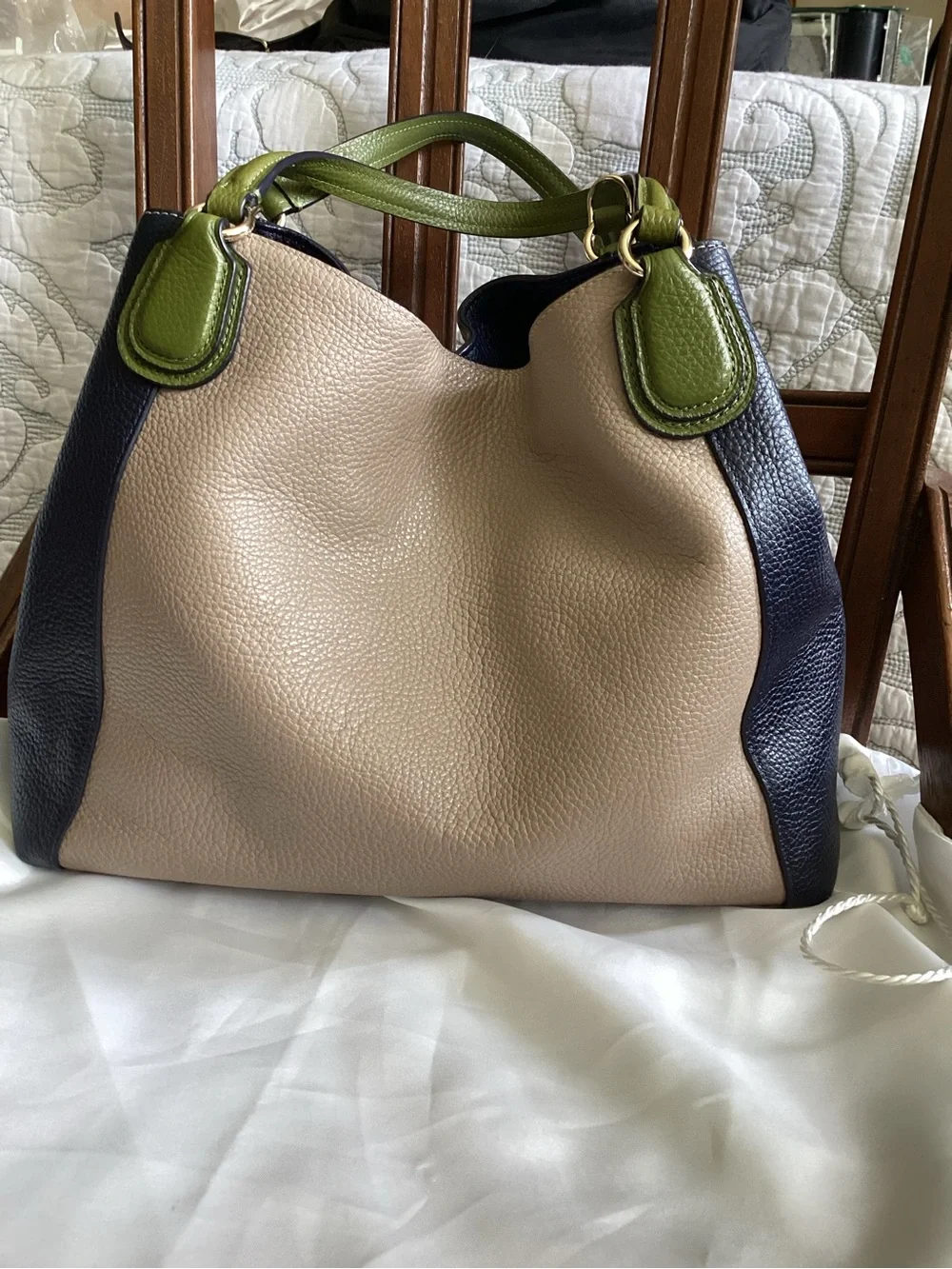 Coach Pebble Leather Colorblock Tote - Beige, Navy & Green